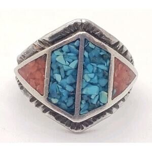 Vintage Native American Navajo Turquoise Coral Inlay Sterling Silver Ring 5.75